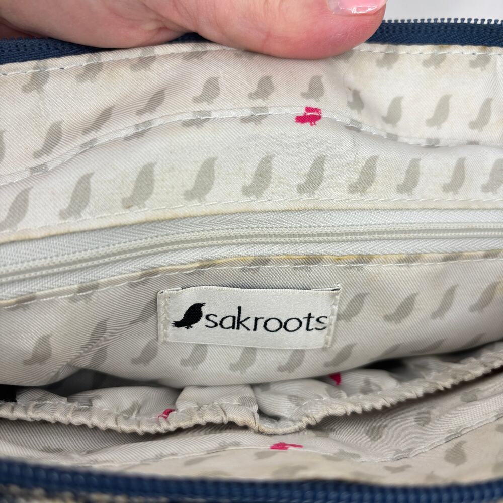 Sakroots Ellis Straw Satchel Shoulder Bag Blue Floral Boho Leather Trim Handbag - Picture 3 of 11